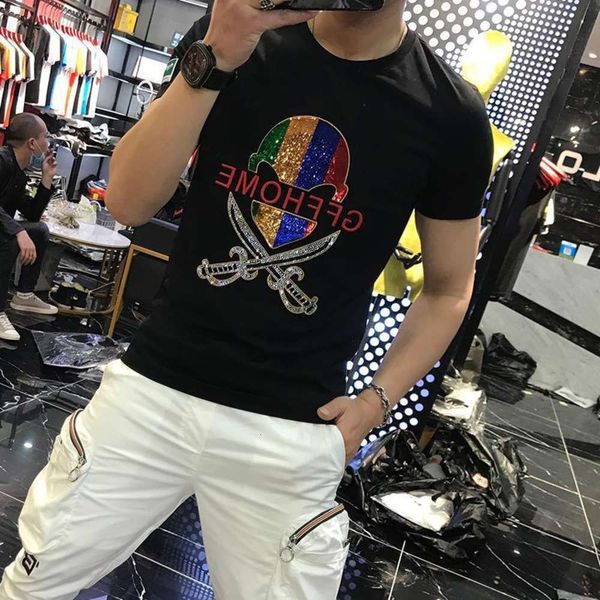 

shirts summer style polo personality trend slim fit net red handsome color sequin embroidery skull head drill short sve t-shirt for men, White;black