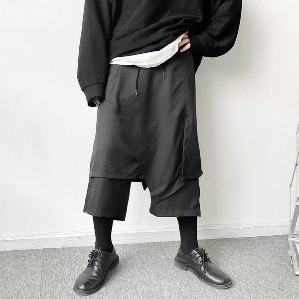 

large summer asymmetric irregular stitching design low crotch harem pants trendy men's japanese fake two piece capris, Black