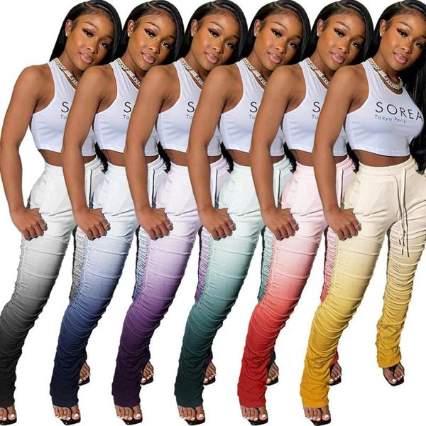 

women's pants & capris 2021 fitness high waist gradient pleated woman stacked leggings women fashion ruched sweatpants yellow red blue, Black;white