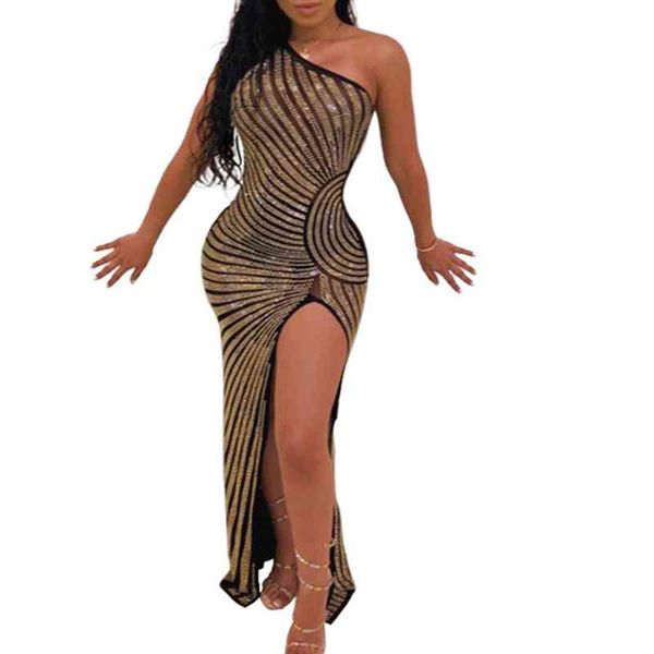 

women celebrate event thin one shoulder sequined high split bodycon long party dresses package hip night out elastic xl 210416, Black;gray