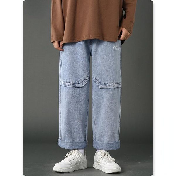

men's jeans hip hop men streetwear baggy straight denim pants fashion patchwork wide leg trousers male korean vintage oversize clothes, Blue