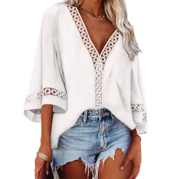 

women's t-shirt t shirt women 2021 fashion solid color loose 4 colors hollow out lace stitching for outdoor summer clothes white