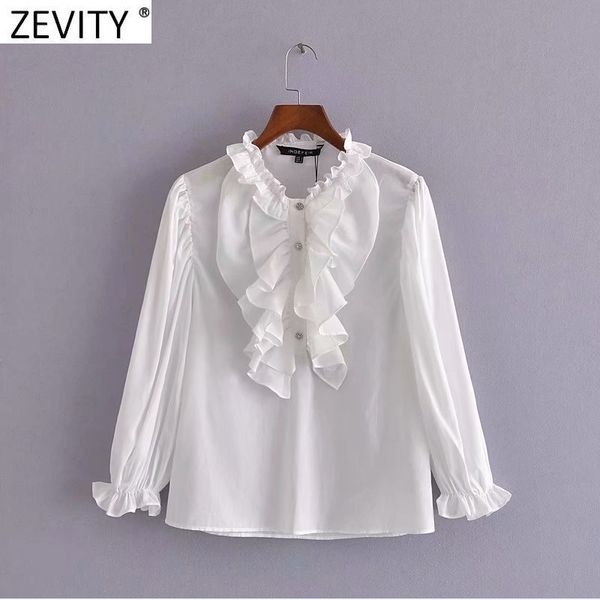 

zevity women fashion pleat ruffles decoration white smock blouse female diamond buttons breasted shirts chic blusas ls9296 210419