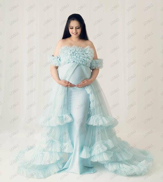 

lo&li puffy tulle maternity dress for pography ruffled long sleeves blue robe po shoot dresses women prop gown women's sleepwear, Black;red