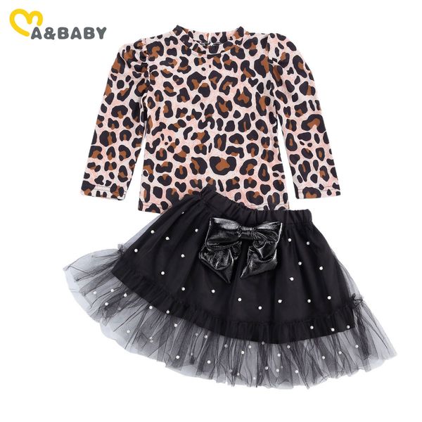 

1-6y toddler kid girls clothing set leopard lace pearl ruffles bow skirts outfits autumn children clothes 210515, White