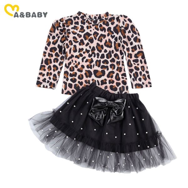 1-6Y Toddler Çocuk Kız Giyim Seti Leopar Üstleri Dantel Inci Ruffles Yay Etekler Kıyafetler Sonbahar Çocuk Giysileri 210515