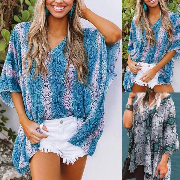 

women fashion blouse v-neck serpentine print chiffon half sleeve women's blouses & shirts, White