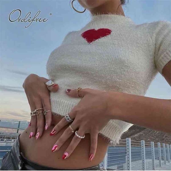 

summer women knitted t-shirt short sleeve love print streetwear white tshirt fenale t shirt 210513