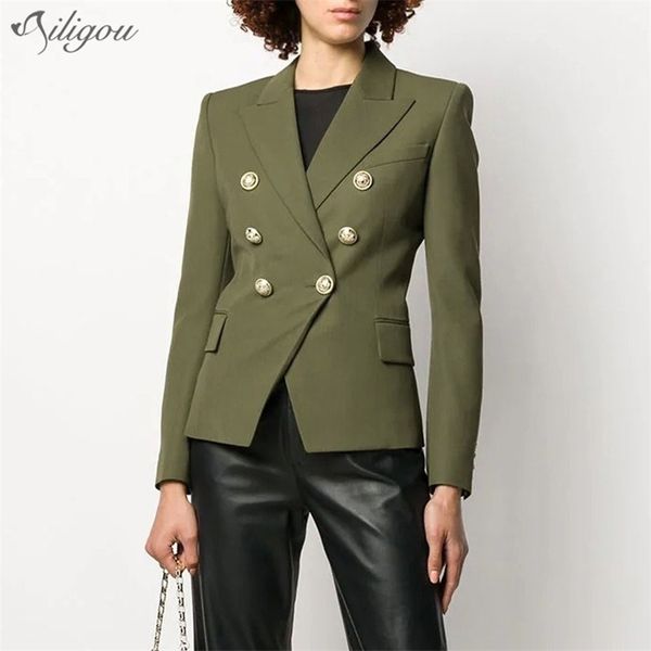 Feminina Mulher Clássica Design Europeu e American Exército Botão Verde Blazer Slim Casual Color Sólido Alta Qualidade Jaqueta 210525