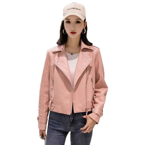 

women's leather & faux 2021 spring autumn pu jacket short rivet zipper motorcycle pink jackets coat turndown collar casual outerwear, Black