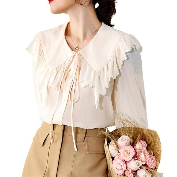 

women's blouses & shirts hodisytian 2021 women blouse 100% mulberry silk retro ruffles elegant long lantern sleeve blusas femme loose, White