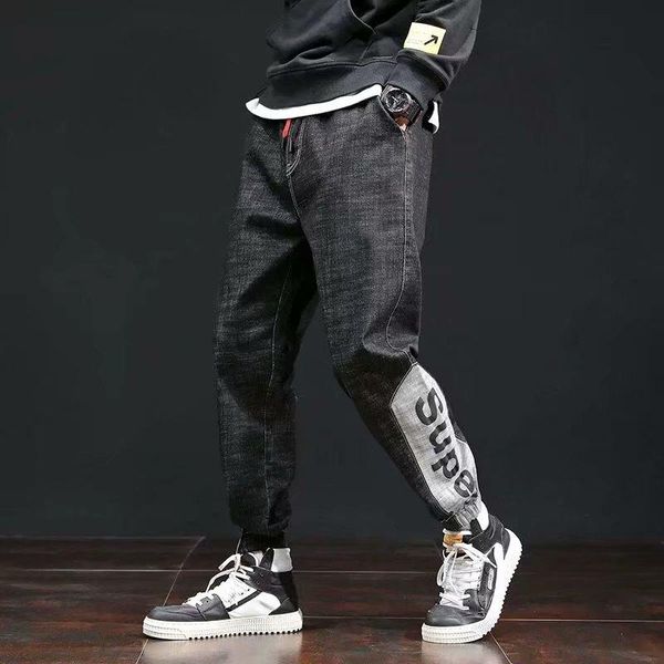 

trend men's slim calf leggings youth sports casual pants elastic belt jeans, Blue