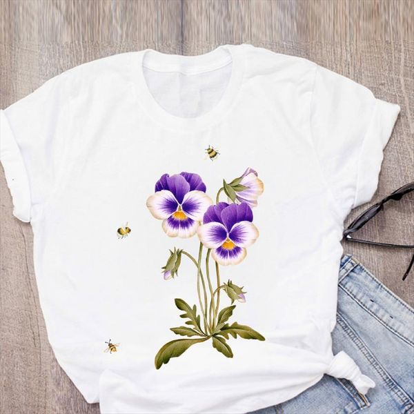 

graphic flower elegant print womens t shirts short sleeve korean summer clothing tees female, White