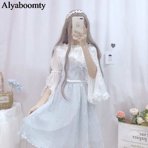 

women's blouses & shirts japanese lolita style spring summer women blouse slash neck white apricot chiffon blusa cute kawaii flare slee