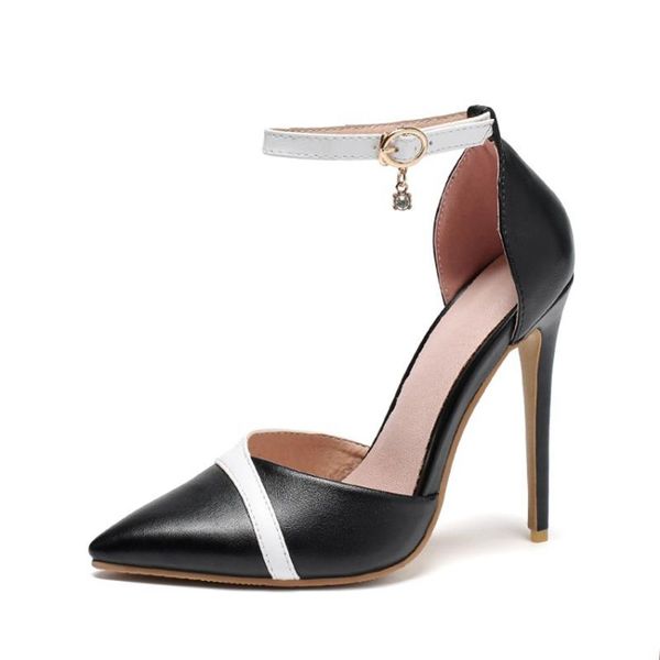 

elegant women stiletto high heel sandals pumps pointed toe gladiator ankle buckle office party wedding shoes big size 50 1320-3, Black