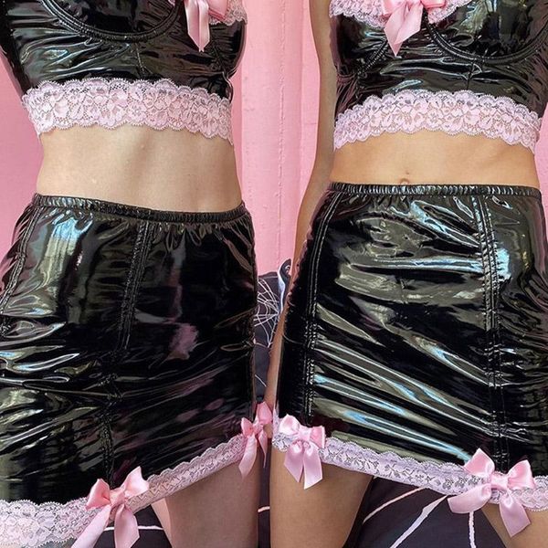

skirts pink lace high waisted mini pencil skirt harajuku goth faux leather pu short womens streetwear, Black