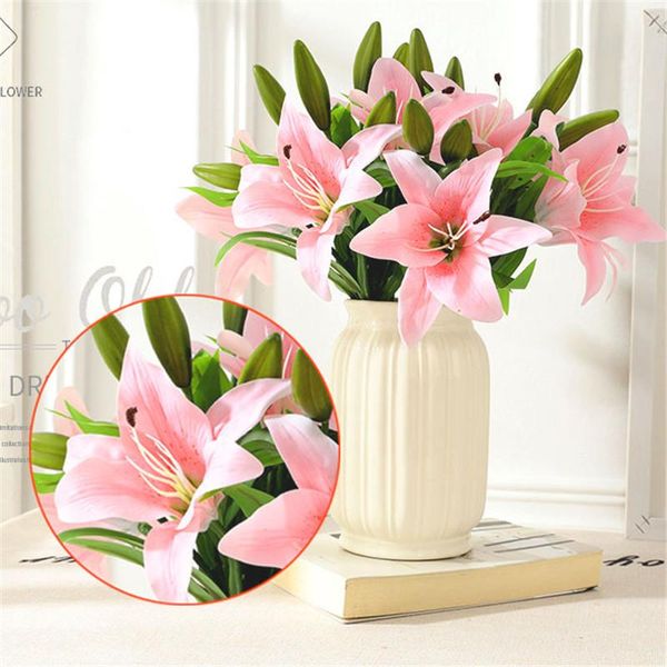 Flores decorativas Grinaldas 3heads Artificial Lily Bouquet falso para decoração de casamento sala de estar casa decoração jardim acessórios ao ar livre