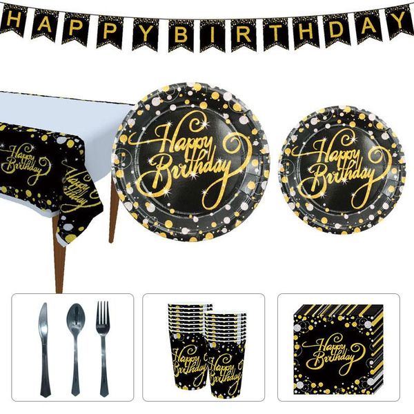 

disposable dinnerware black gold party tableware set table decoration plate cup knife spoon fork napkin wedding birthday supply