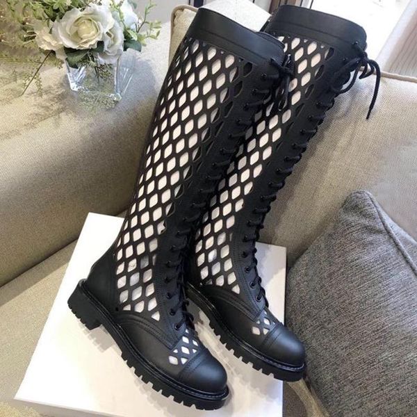 

boots luxury elegant knee-high brand design square heels leather women shoes fashion lace-up long boot hollow out, Black