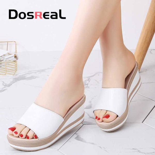 

dosreal summer women slippers leather thick sole female platform white straw slides woman wedge flip flop 210908, Black