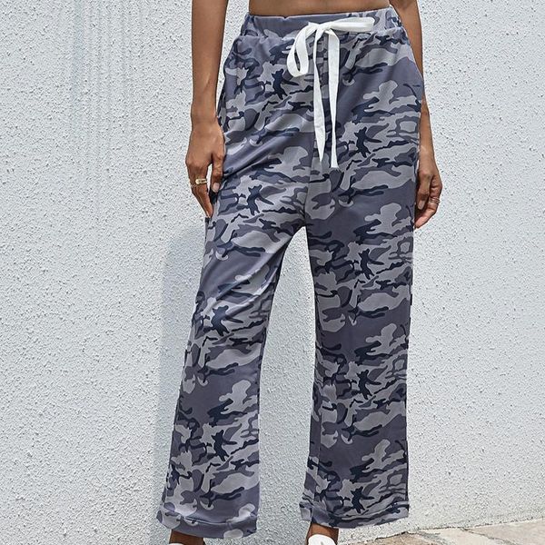 

leopard camouflage boho floral printed pant women's clothing middle waist wide leg pants autumn beach bandage casual trousers & capris, Black;white