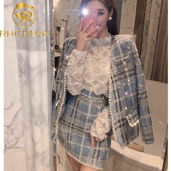 

blue french small fragrance coat women's autumn temperament celebrity net tweed suit skirt two piece set 211119, White