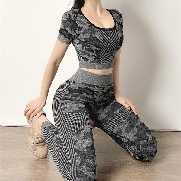 

women 2 piece crop leggings sportsuit workout outfit fitness active gym wear short sleeve yoga sets seamless sport set