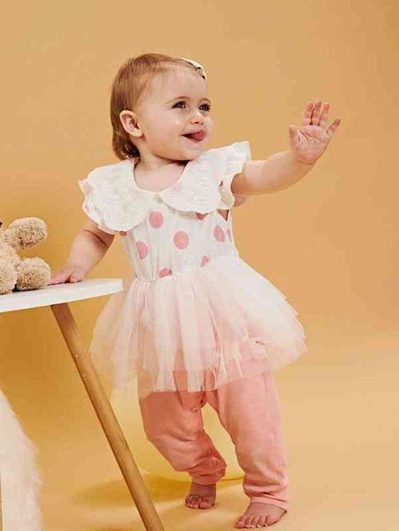 

baby polka dot print eyelet embroidery mesh hem 2 in 1 jumpsuit she, Blue