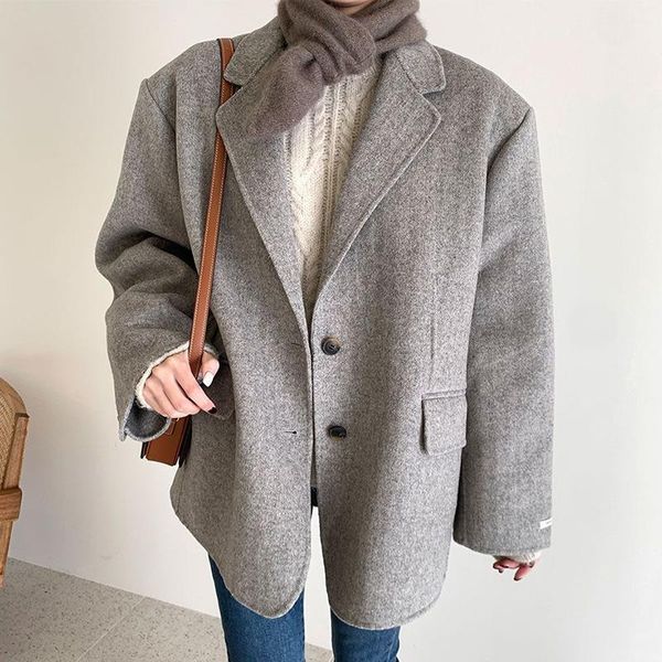 

women's wool & blends ] korea autumn winter gray suit collar two button loose pocket long sleeve casual warm coat women fashion 2021 x8, Black