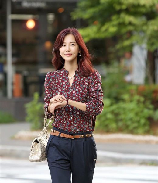 

women's blouses & shirts ,-selling chiffon full sleeve print stand collar wine red women shirt, White