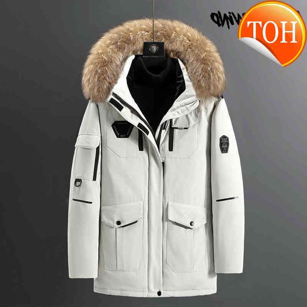 

-30 degree winter jacket men white duck down parkas fashion hooded fur collar coat thick keep warm outwear clothing, Black