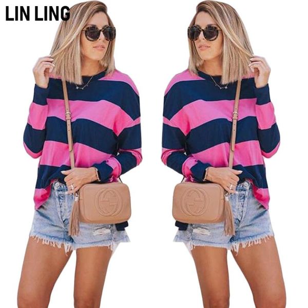 

women's t-shirt linling light mature temperament long sleeve stripe stitching contrast round neck loose pullover, White
