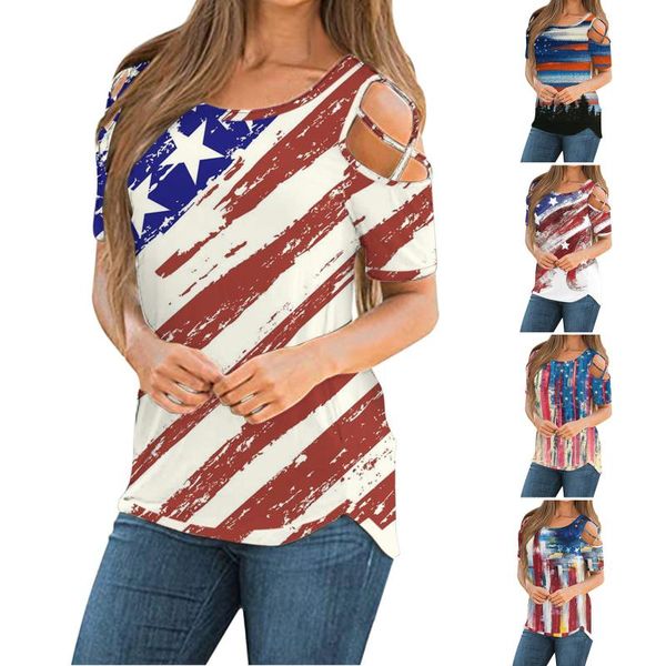 

cold shoulder ladies t shirt 2021 summer loose female tee shirts fashion flag print short sleeve women tshirt d4 women's t-shirt, White