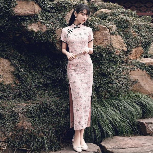 

ethnic clothing chinese traditional pink satin floral print qipao women vintage short sleeve cheongsam fashion elegant party dresses vestido, Red