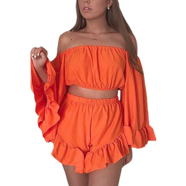 

women's tracksuits women two-piece clothes set solid color off-the-shoulder long flared sleeves crop and shorts s/ / l, Gray