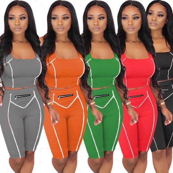 

sporty striped splicing two womens tracksuits pieces sets summer tank knee length skinny leggings pants suit fitness outfits, Gray