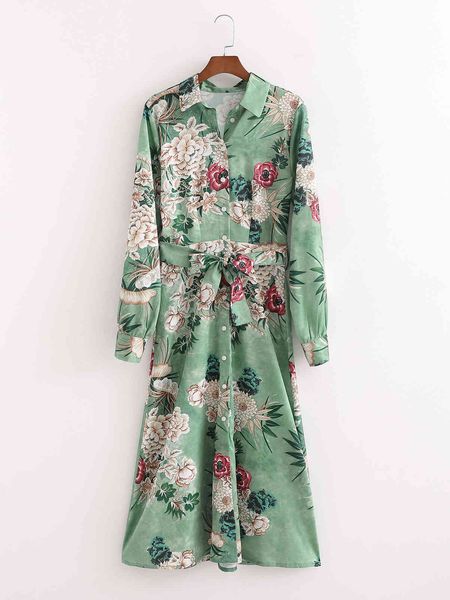 

dresses women green floral print es lapel neck sleeve shirt-style casual long spring summer bohemian beach, Black;gray