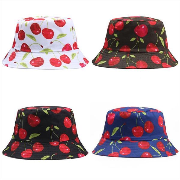 

cherry printed bucket hat women men summer spring cute sun girls panama black white cotton fisherman fishing cap gorras bob, Blue;gray