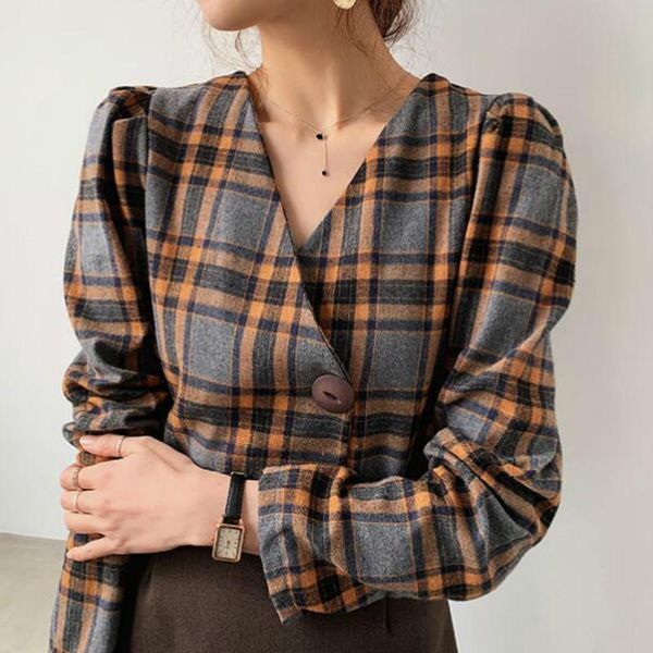 

women spring womens shirts v neck vintage plaid blouse single button thick shirt long sleeve loose casual, White