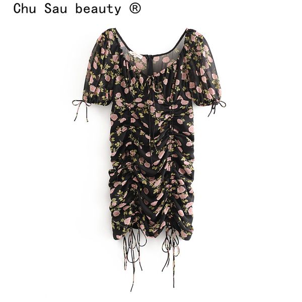 

beauty fashion floral print chiffon mini dress women party deep v-neck summer dresses mujer vestido de moda 210514, Black;gray