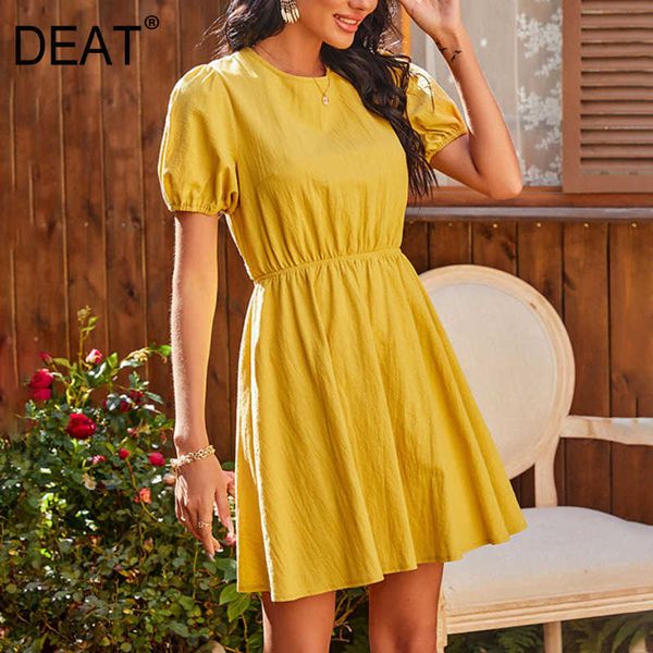 

[deat] women round neck high waist puff sleeve solid color backless loose personality dress summer fashion 210527, Black;gray