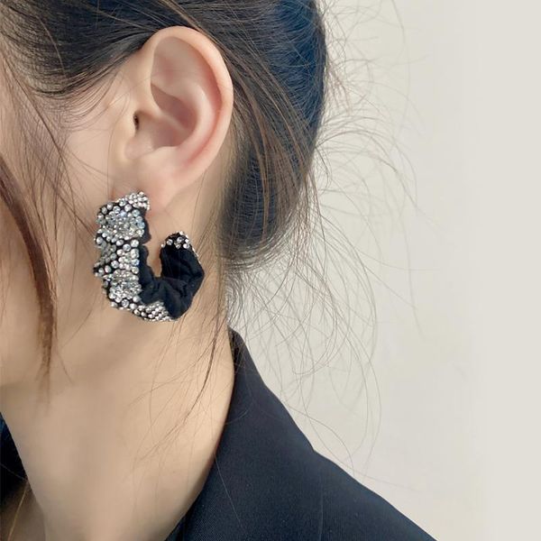 

hoop & huggie aensoa 2021 punk fashion velvet full crystal big earrings for women 45mm diameter black color rhinestone statement, Golden;silver