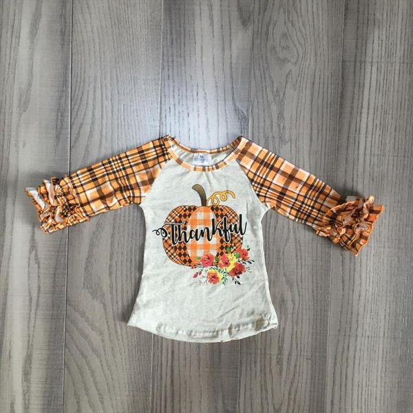 

children girls halloween raglans pumpkin boutique cotton white shirt with orange plaid sleeve, Blue