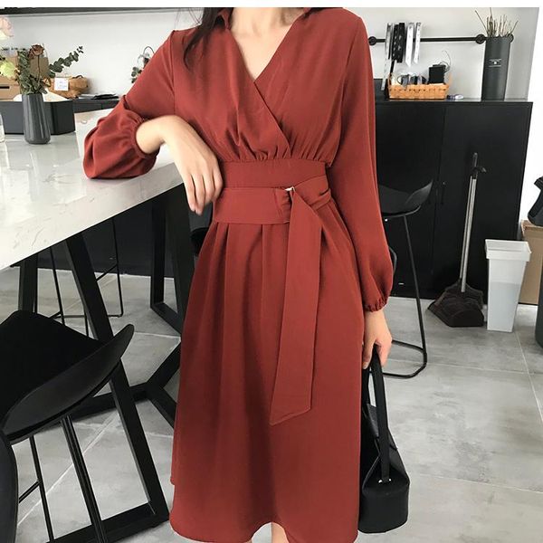 

fashion brand spring fall long sleeve dress a-line ladies v-neck vintage women's clothing robe longue dresses casual, Black;gray