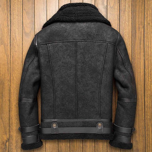 

Men's Leather & Faux Mens Black B3 Sheepskin Shearling Jacket Double Collar Short Winter Fur Coat Motorcycle T0KI