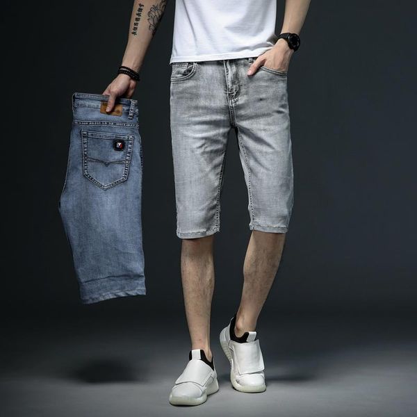 

men's shorts 2021 summer slim fit short jeans fashion cotton stretch vintage denim grey blue pants male brand clothes, White;black