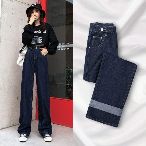 

women's jeans dark blue wide leg spring wear loose high waisted slim straight pants in 2021 and autumn