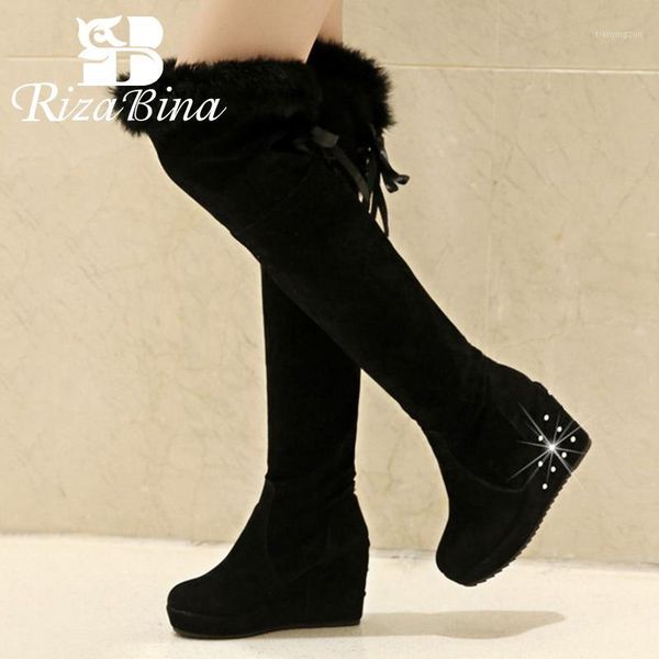 

boots rizabina size 34-43 women high heel round toe platform shine over knee plush fur warm ladies1, Black