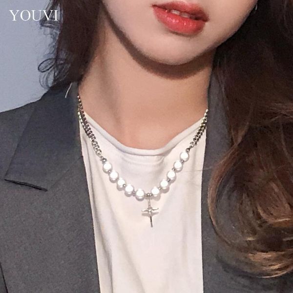 

chains youvi luminous pearl necklace for women shiny crystal cross wedding pedant jewelry charm stainless steel on neck, Silver
