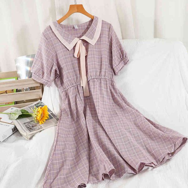 

summer peter pan collar preppy style dress women flounced edge short sleeve plaid a-line elastic waistline clothes 210513, Black;gray